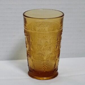 Vintage Glass Tumbler Amber Floral Crest Design Marked with‎ a CG on Bottom